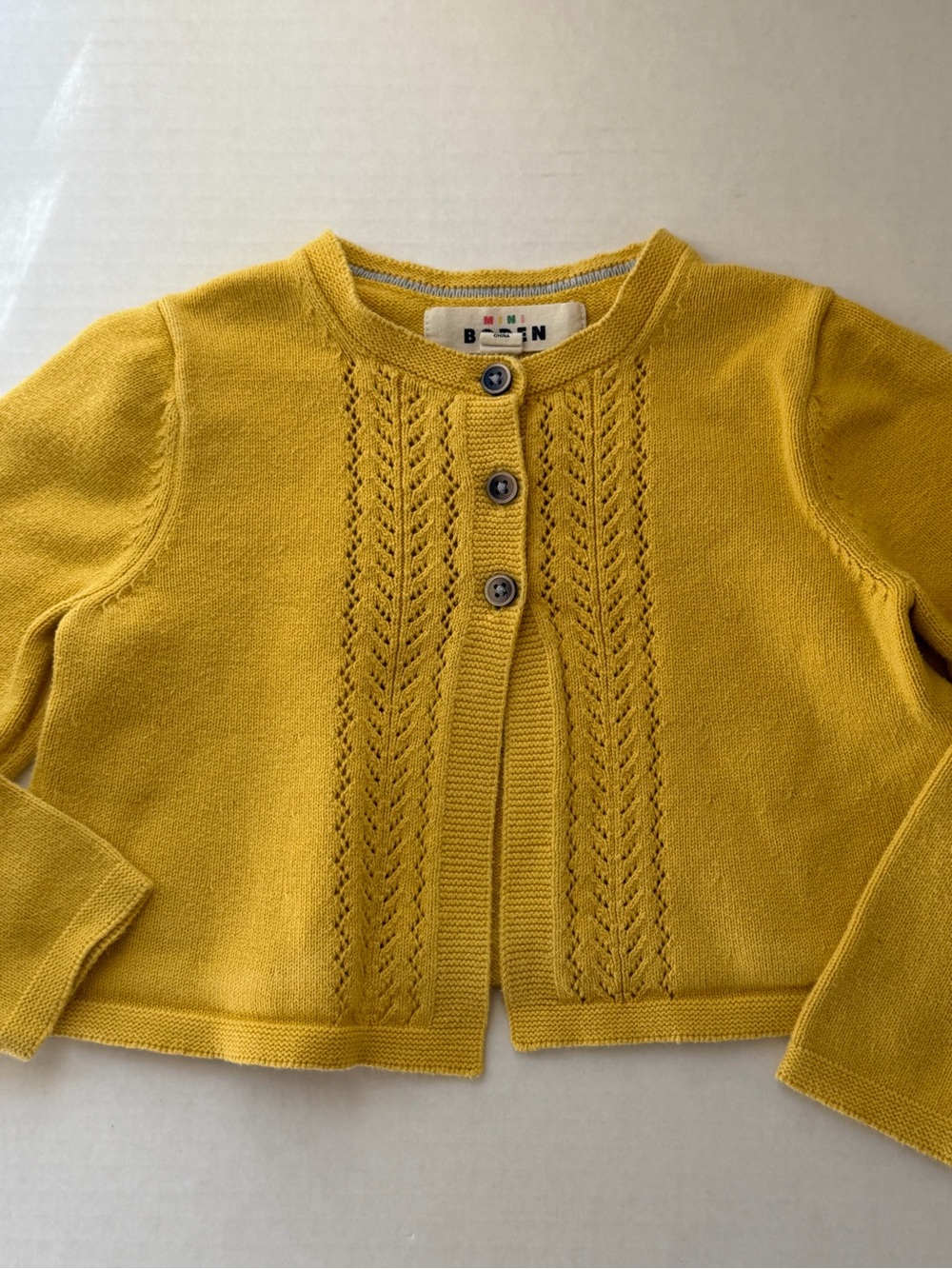 Mini Boden Girls Mustard Yellow Cropped Pointelle Cardigan 2-3Y